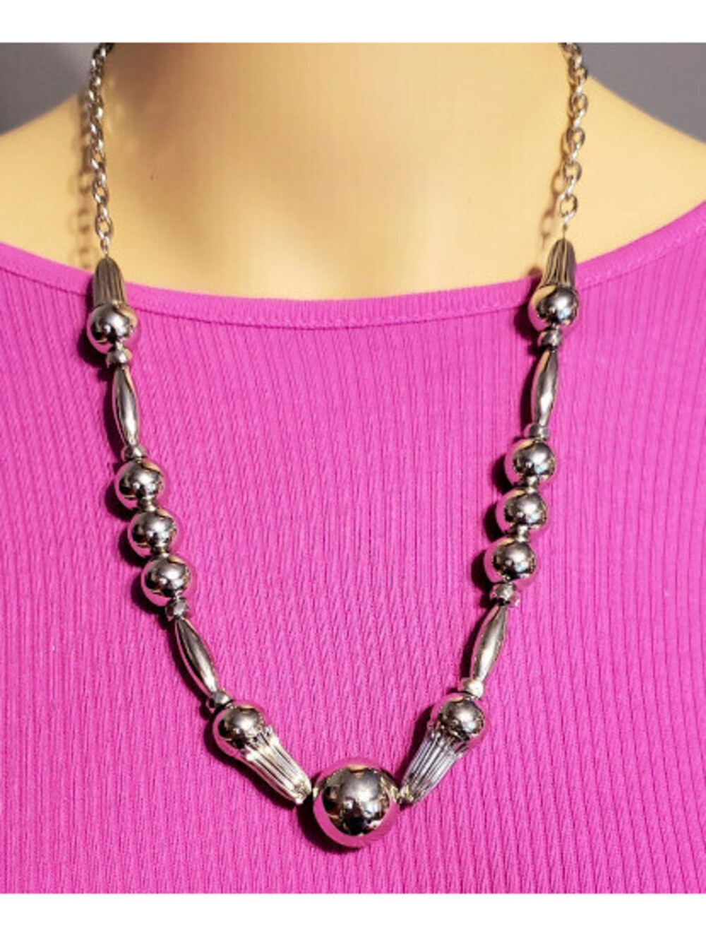 Vintage Silver Beaded Necklace Adjustable Textured Silver-tone sn01-37โ
